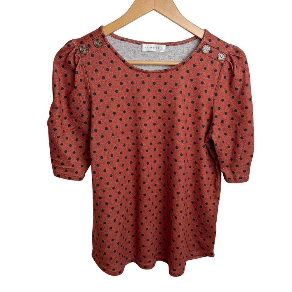 Retrology Womens Polka Dot Top PS Rust Orange Button Puff Sleeve Office Casual